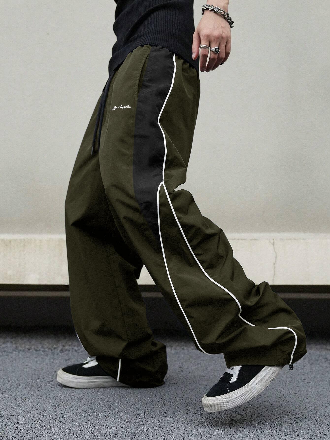 Men's Oversize Baggy Track Pants - Y2K Menswear Streetwear Stylish Loose Windbreaker Pants, Elastic Waist Drawstring Athletic Sportswear Casual Wide Leg Joggers for Everyday Street Use