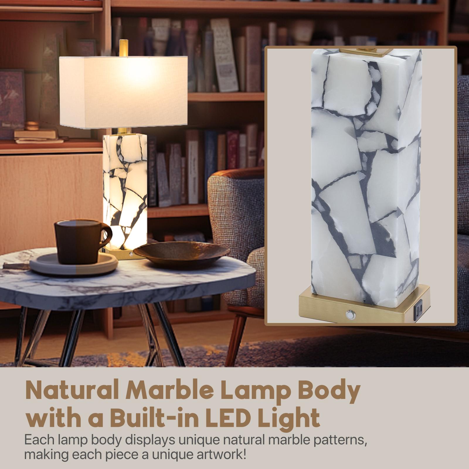 GLITGATE Natural Marble Table Lamps 2 PC, Modern Table Lamp, Nightstand Lamp, Side Table Lamp with 3-color temperature, Bedside Lamps with USB Ports, with 2 USB Ports, For bedrooms, End Table Lamps for Living Rooms