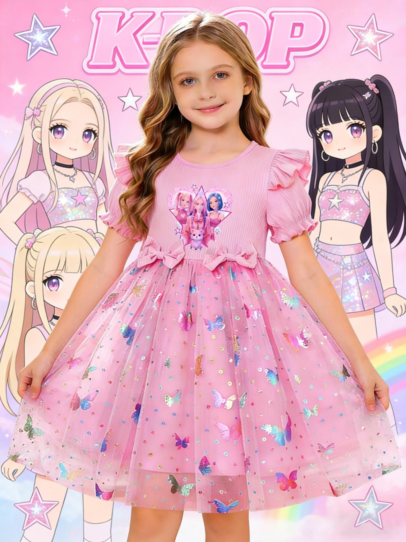 K-Pop Girl Group Sweet Style Girls' Dress, Flutter Sleeve Bow K-Pop Print, Summer Mesh Princess Dress, Cute Floral Pattern, Slim-Fitting