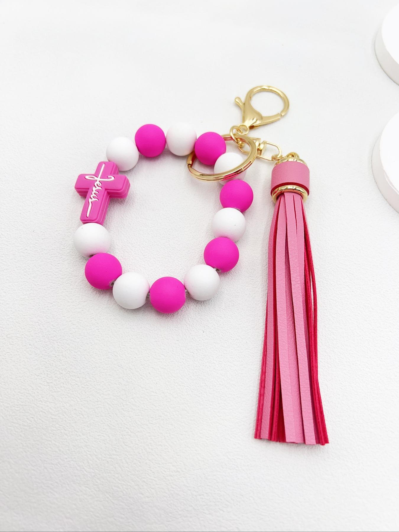1 Piece Leopard Pattern Tassel Decor Beaded Keychain, Trendy Cute Jewelry for Women & Men, Fashion Accessories, Perfect Gift for Friends