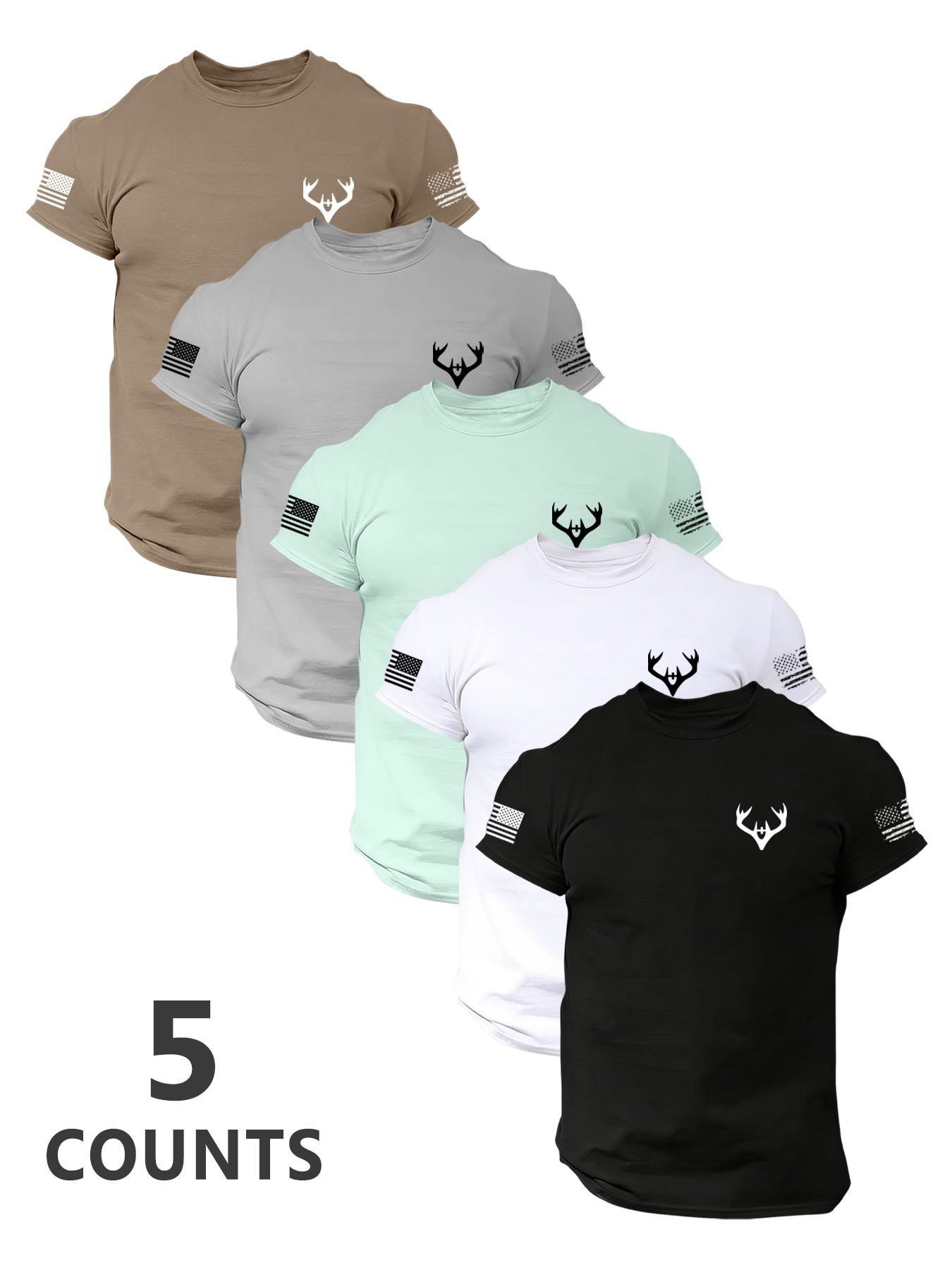 New Summer Men's Patriotic Style Deer & Flag Print T-Shirt Set Soft Breathable Short Sleeve Tees, Multiple Colors, Ideal Gift, Trendy Summer Tee