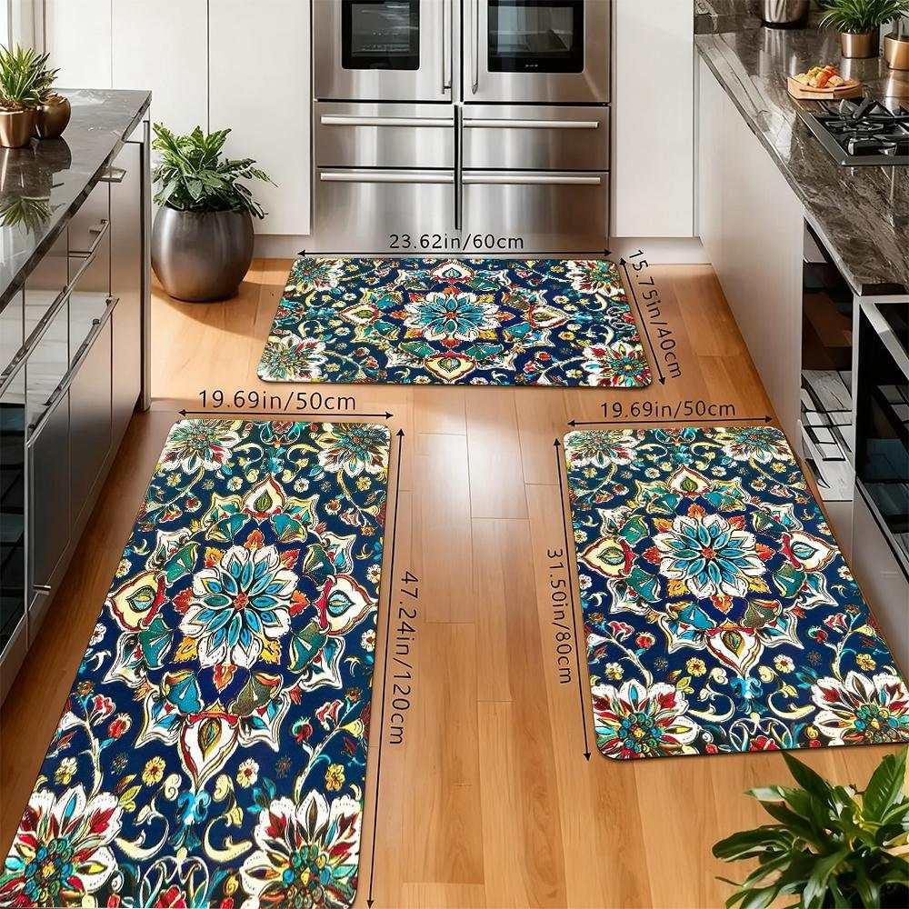 Vintage Boho Persian Floral Kitchen Rug Set, Moroccan Mandala Blue Non-Slip Washable Floor Mats, Bohemian Ethnic Runner Rugs for Kitchen, Living Room & Home Decor