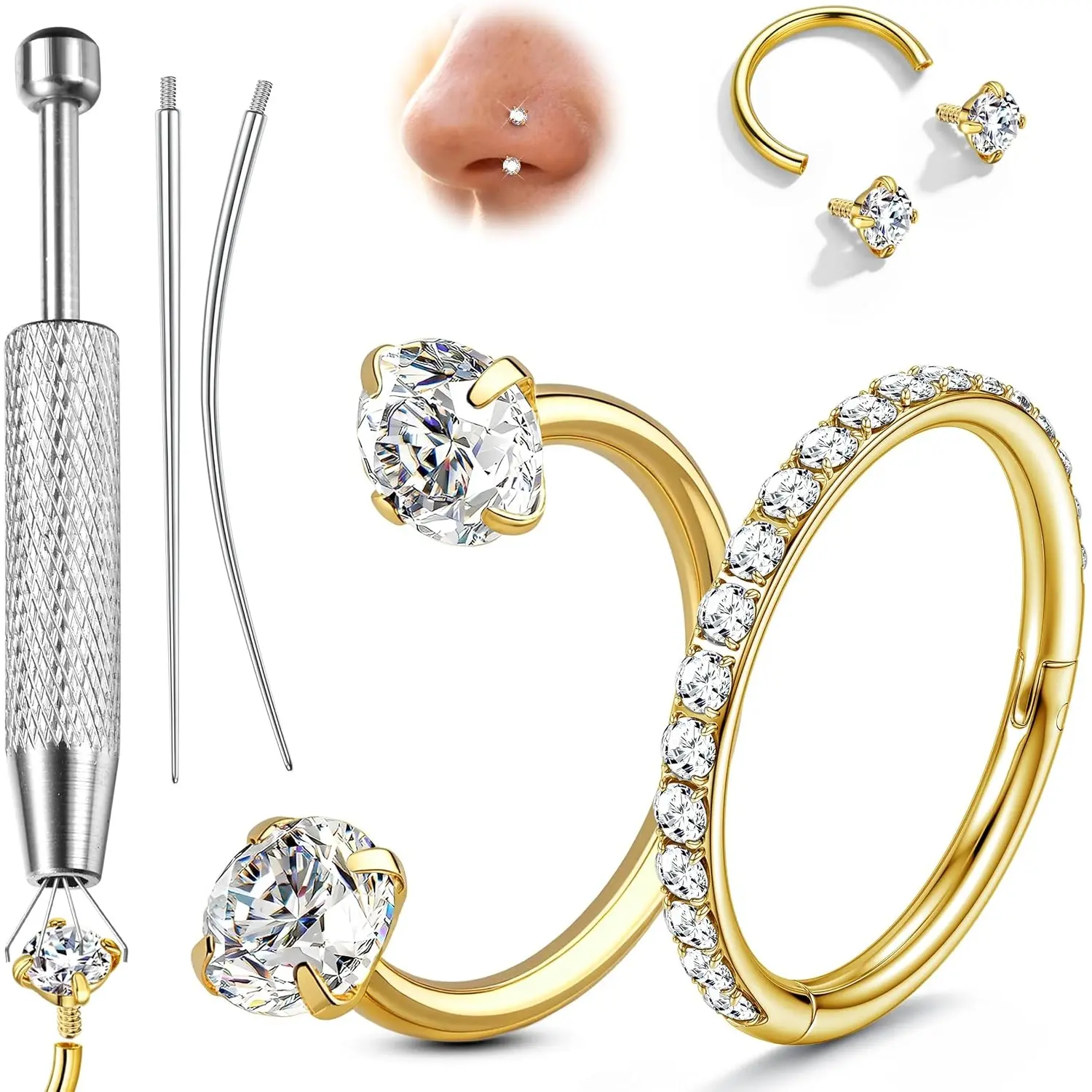 ORAZIO 18G Horseshoe Nose Rings for Women Men Double Gem Horse Shoe Nose Ring Hoops Surgical Steel Silver Gold Cartilage Helix Tragus Daith Earrings Labret Lip Piercing Jewelry Cute Small Septum Rings