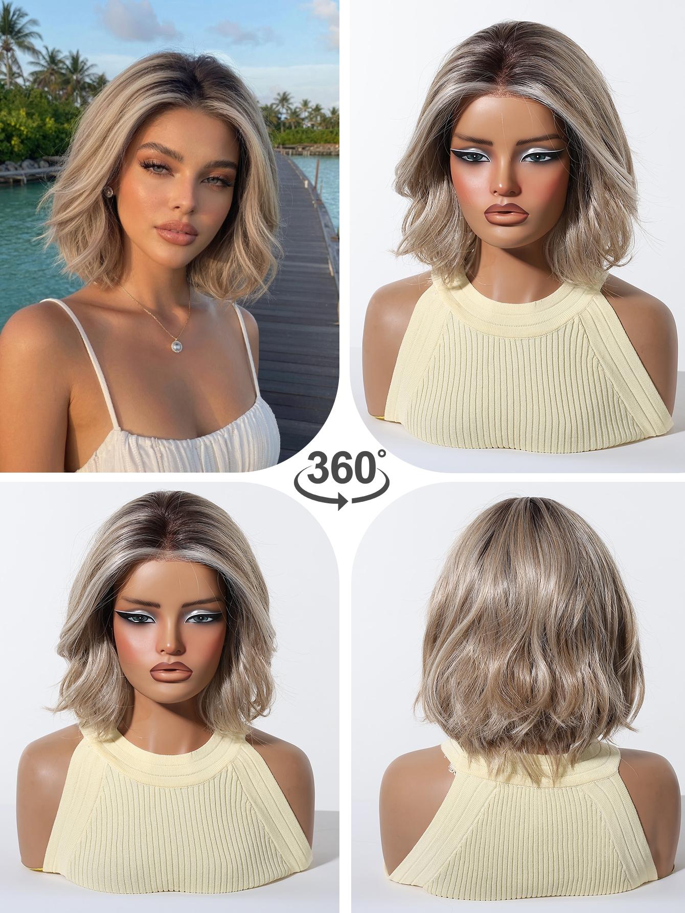 Topshe Hand Tied Mono Base Short Bob Wig, Dark Root Ash Brown Highlight Flip Out Loose Wave Bob, Breathable Mono Top Realistic Scalp, Glueless Wear & Go No Bleach, Tangle Free Heat Resistant Synthetic Hair, Synthetic Material Wigs
