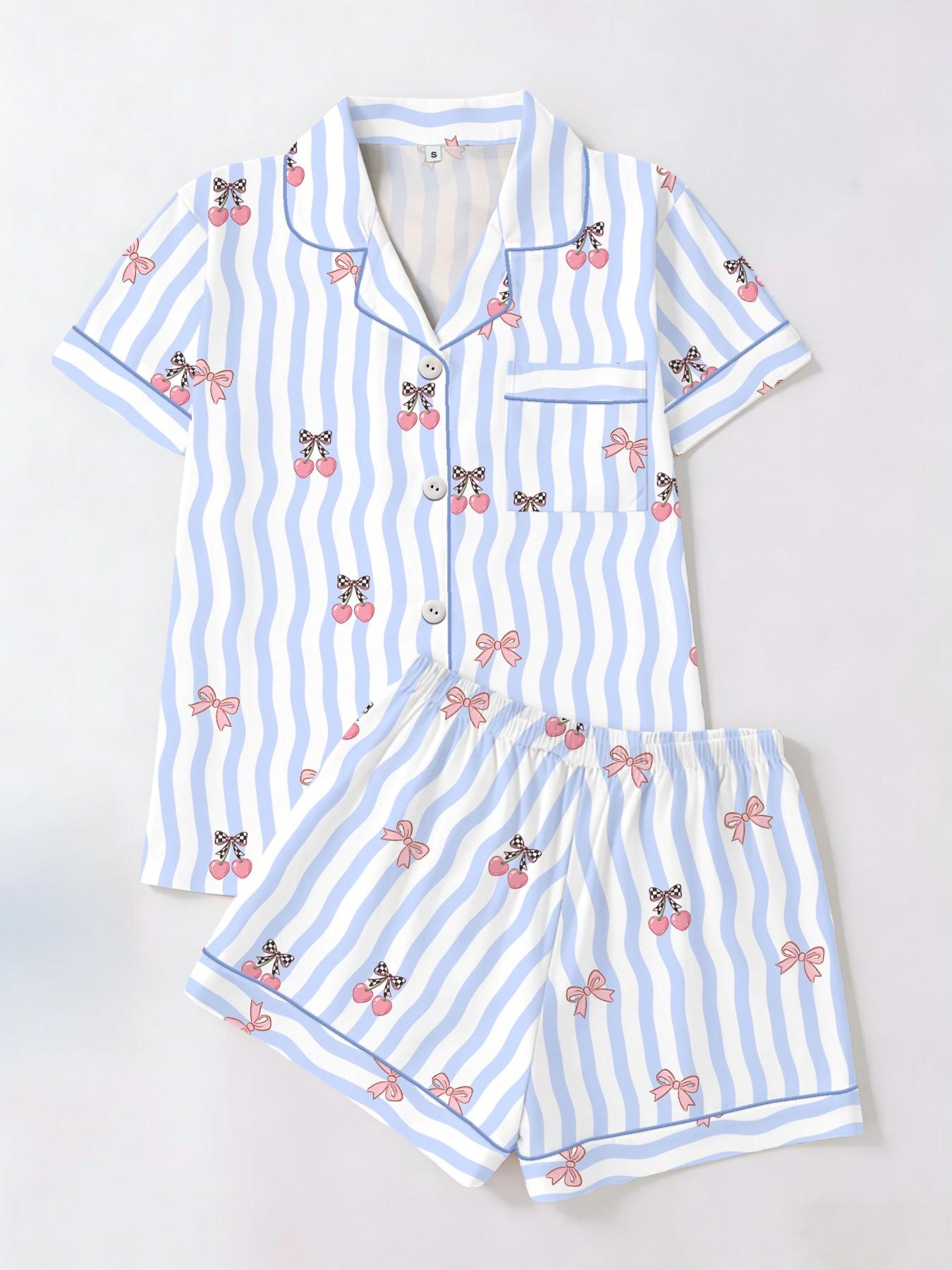 Women's Short Sleeve Button Down Top and Shorts Pajama Set, Spring Summer Wear, Loose Loungewear, For Preppy Style Lovers, Blue White Striped Preppy Cherry Print, Classic Lapel Collar, Loose Fit, Comfortable For Study & Relaxing, Matching Pj Set