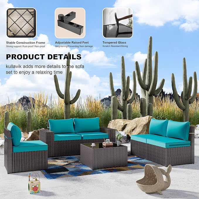 [3 packages delivery] Kullavik Patio Furniture 6 Pieces Outdoor Sectional PE Rattan Sofa Set Brown Manual Wicker Patio Conversation Set with 5 Seat Cushions and 1 Tempered Glass Tea Table
