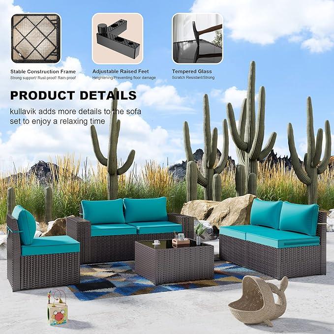 【Back To School】[3 packages delivery] Kullavik Patio Furniture 6 Pieces Outdoor Sectional PE Rattan Sofa Set Brown Manual Wicker Patio Conversation Set with 5 Seat Cushions and 1 Tempered Glass Tea Table