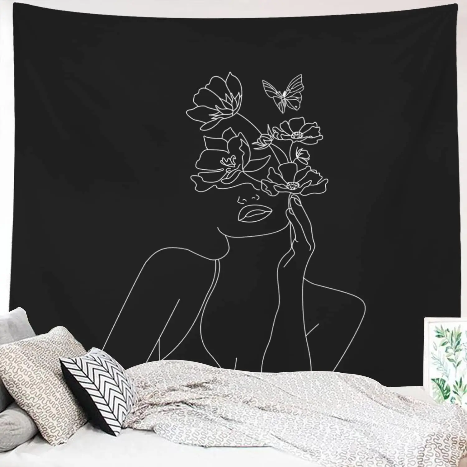 Art Line Aesthetic Black Tapestry, Simple Women with Flower Butterfly Wall Hanging, Modern Minimalist Abstract Creative Sketch Wall Décor for Dorm Bedroom Office perfect gift