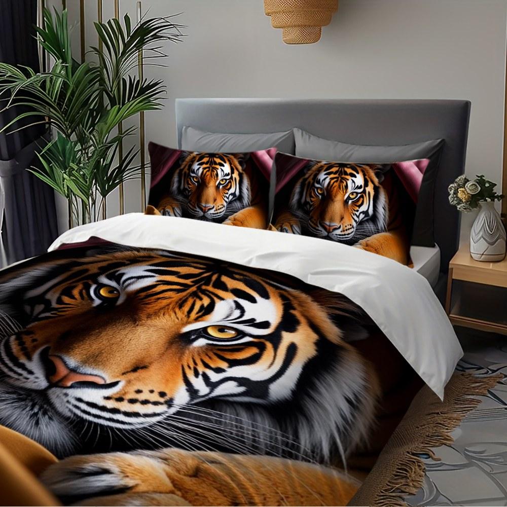 Bedding 3-piece set - 3PCS,orange and purple patterned tiger lying down comforter set (1 comforter cover + 2 pillowcases, filling not included). soft and comfortable, suitable for family bedrooms.