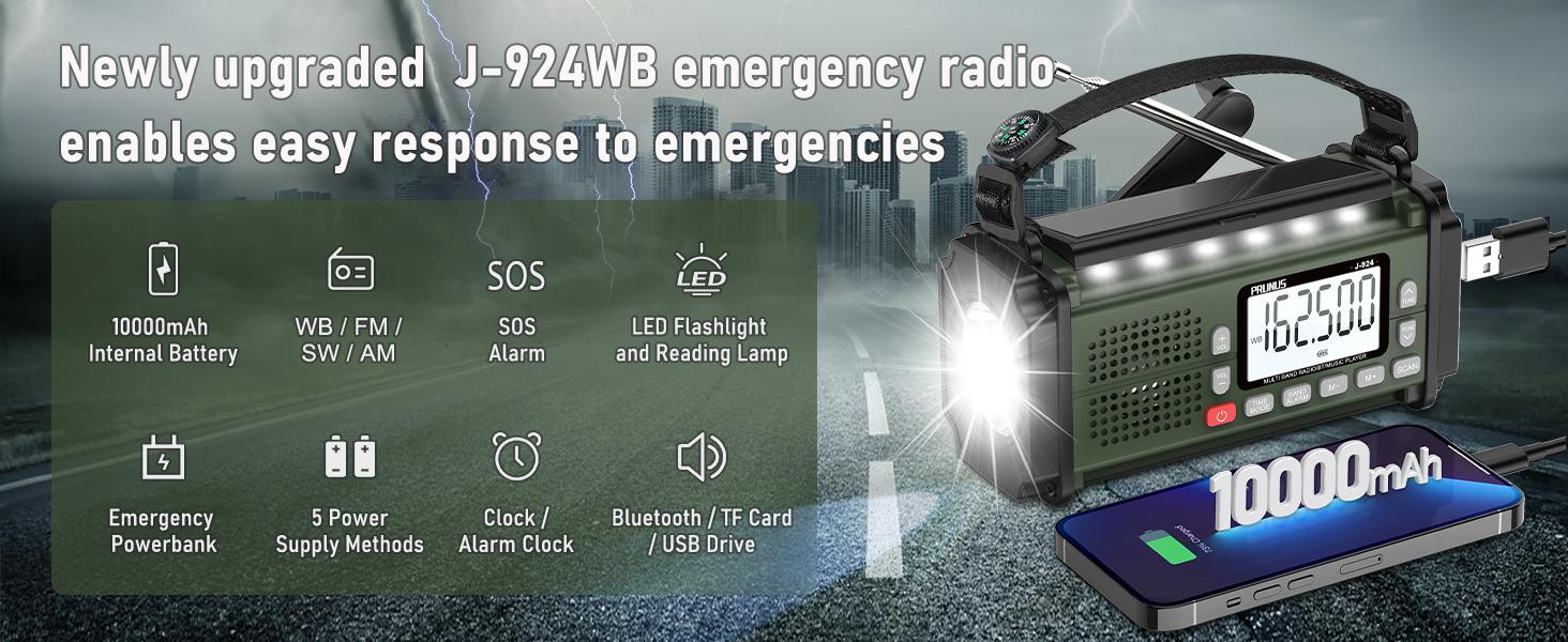 PRUNUS J-924 10000mAh/37000mWh Hand Crank Radio, AAA Batteries Powered Emergency Radio Solar, NOAA Weather Radio AM/FM/SW, USB Charging, Torch& Reading Light, SOS Alarm, Power Bank, Compass for Camping