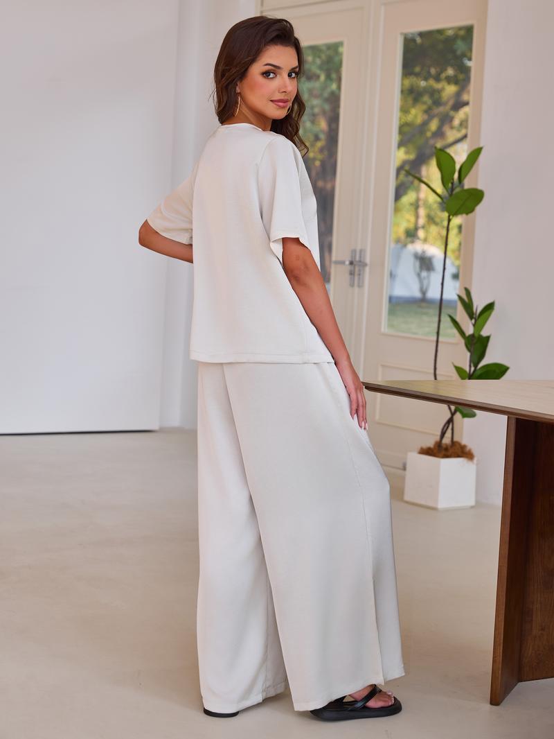 Joyfunear Women's Satin Silk Casual Summer Set Short Sleeve Hoodie with Loose Straight Pants Set Soft and Comfortable Home Clothes Joyfunear Women's Satin Silk Casual Summer Set Short Sleeve Hoodie with Loose Straight Pants Set Soft and Comfortable Home Clothes