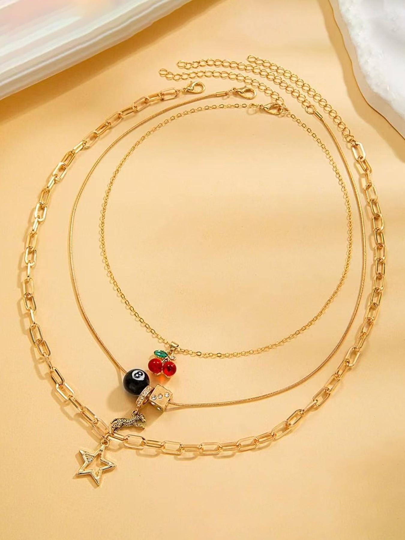 Y2K Necklaces Jewelry Gold Cherry Necklaces for Women Chunky Charm Streetwear Star 8 Ball Stackable Leopard Cheetah Dice Layered Gold Dainty Statement Chain Choker Trendy Birthday Jewelry Gifts