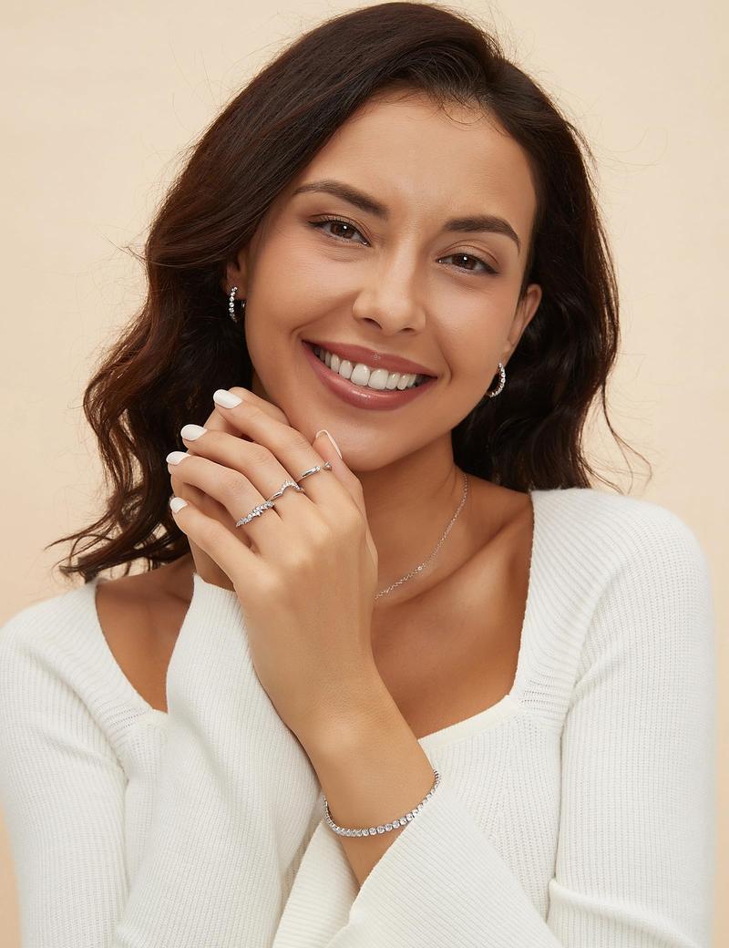 EAMTI 925 Sterling Silver Wedding Bands for Women Pear & Round Shaped CZ Cubic Zirconia Curved Stackable Engagement Rings for Her