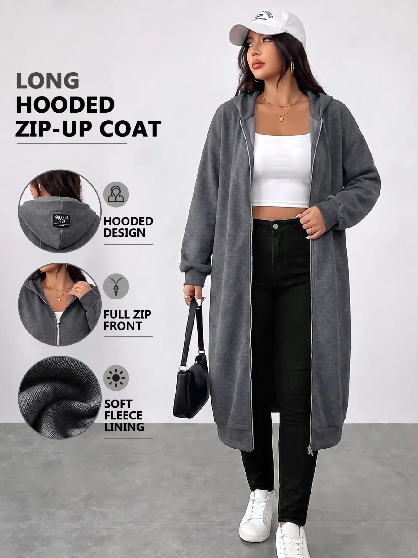 Plus Size Women's Casual Streetwear Loose Zipper Hooded Long Sleeve Jacket, Autumn Winter Women's Clothing for Everyday Wear, Hooded Long Zipper Coat, Loose Fit + Zipper Design, Easy to Wear and Take Off.