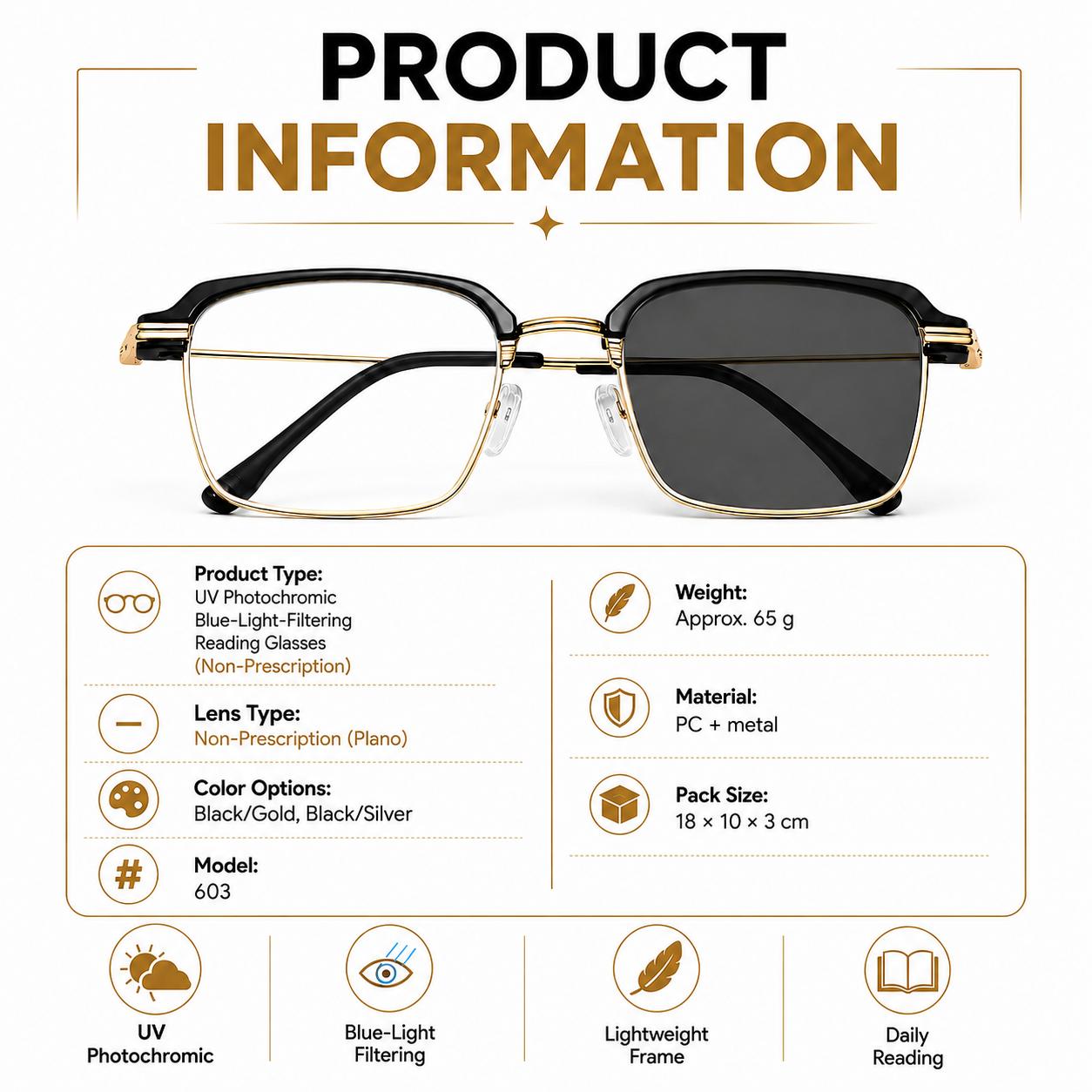 Photochromic Reading Glasses & 0.00 Non-Prescription Glasses, Anti-Blue Light UV Protection Eyeglasses for Men and Women, Lightweight Black Gold Frame Photochromic Reading Glasses & 0.00 Non-Prescription Glasses, Anti-Blue Light UV Protection Eyeglasses for Men and Women, Lightweight Black Gold Frame
