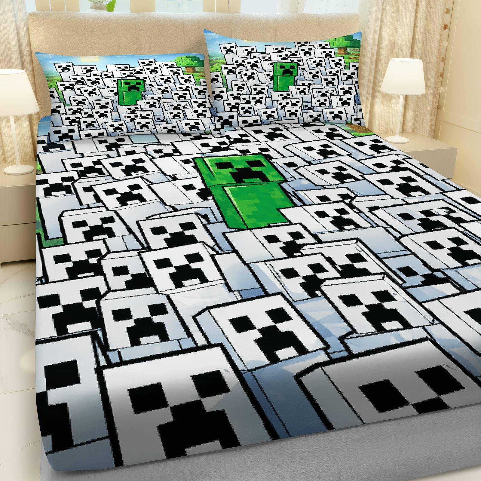 3Pcs Pixel Creeper Gaming Fitted sheet Three Piece Set (1*Fitted Sheet+2*Pillowcases, Coreless), Halloween theme, Minecraft Bedding Set, Mattress protector Soft, Breathable