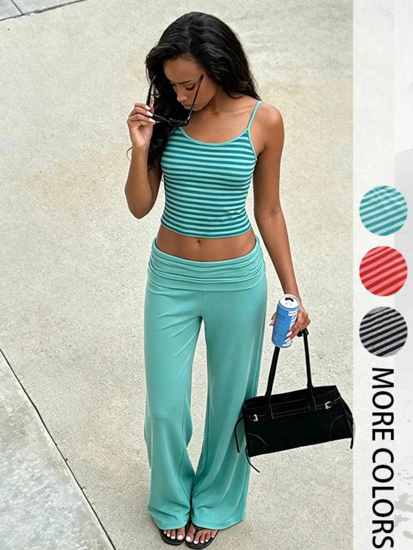Striped Fresh Casual Basic Home Wear Suit, Streetwear Basic Y2K Elastic Tank Top+ Long Pants Two-Piece Set, Comfortable Stylish Knit Daily Twinset, Loungewear