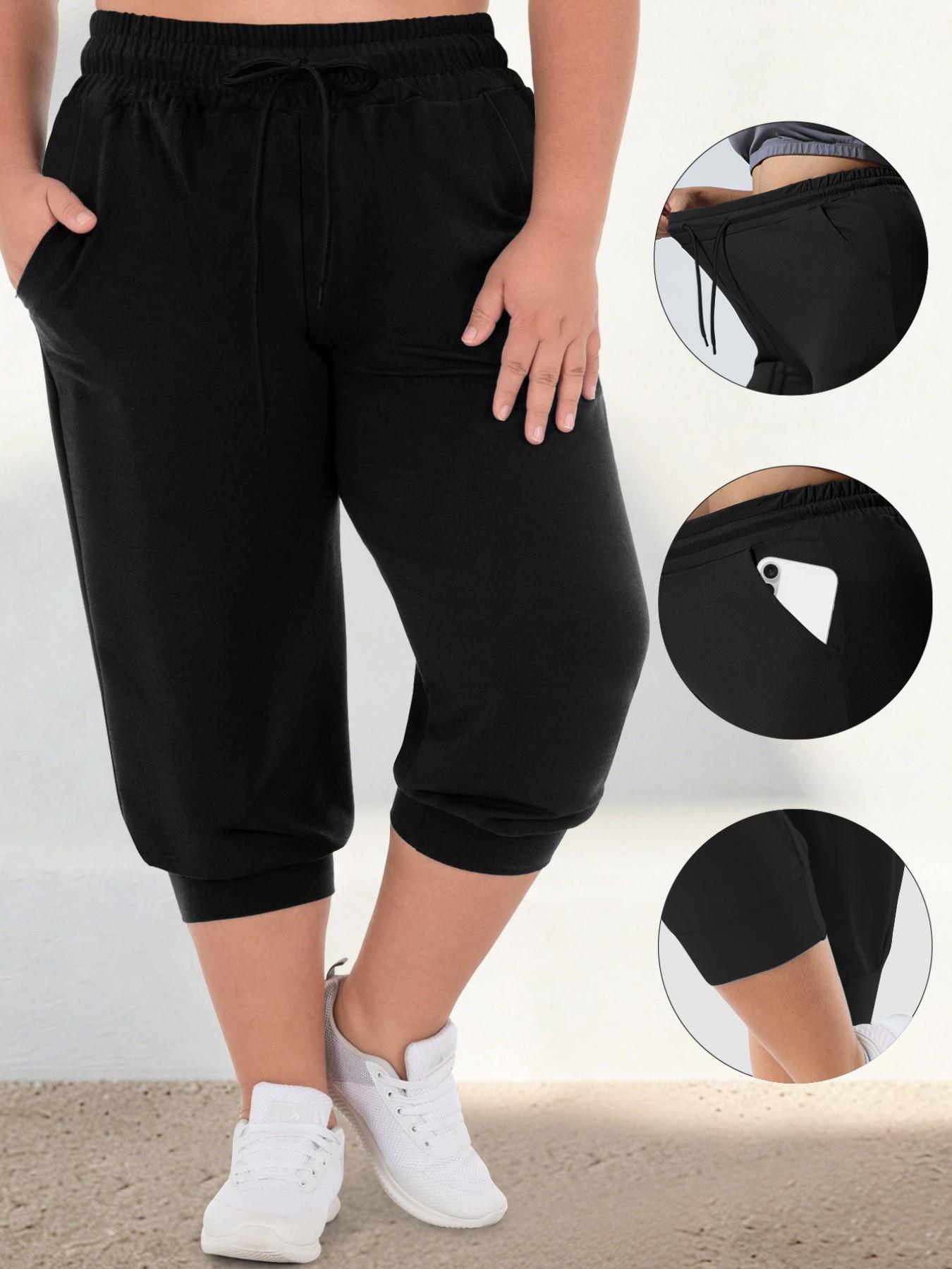 Women's Plus Size Capri Sport Pants with Pockets, High Elasticity, Adjustable Drawstring, Soft Casual Fit, Comfortable and Stylish