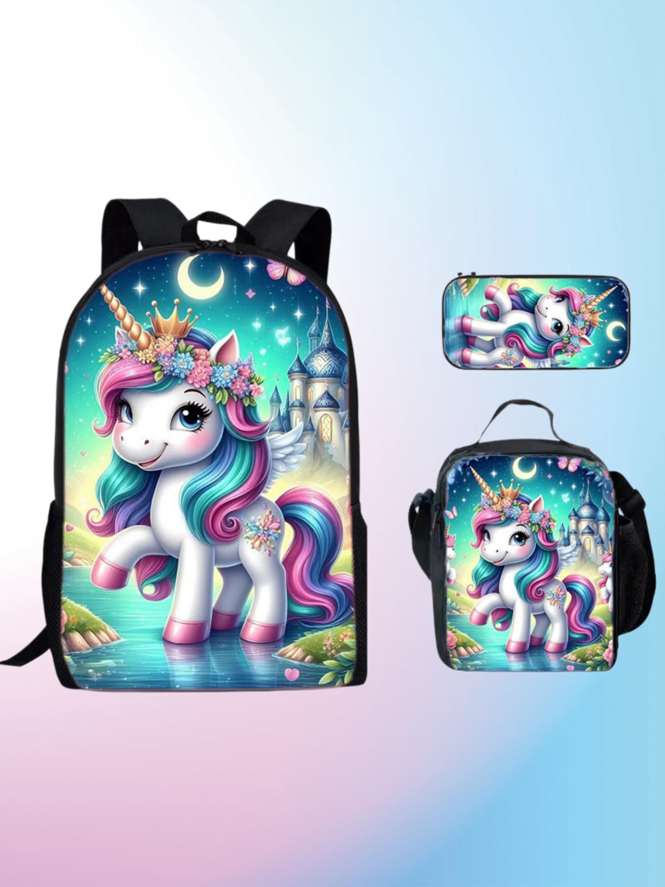 Cute Unicorn Backpack Set for Girls, Rainbow Umbrella Print School Bag, Includes Lunch Box and Pencil Case, Lightweight Kids Bookbag