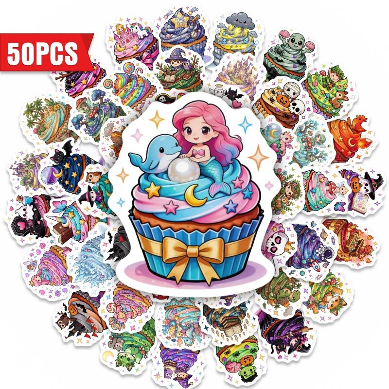 50 sheets creative cartoon magic cake stickers, cute and personalized cardboard cupcakes, waterproof decorative stickers