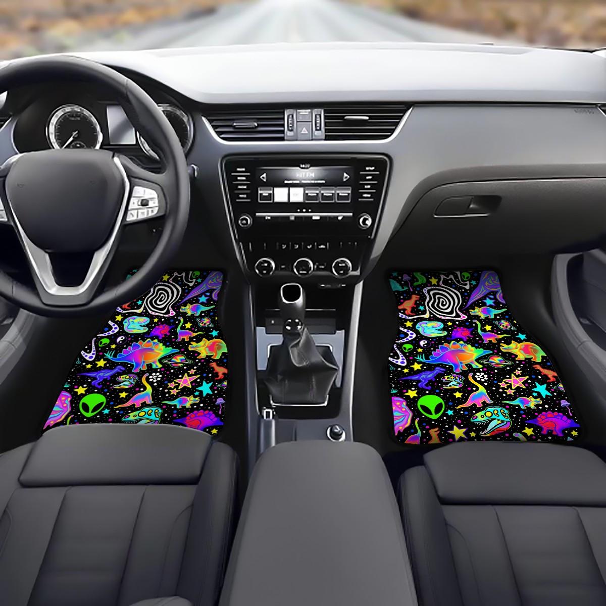 4pcs Y2K Neon Dinosaur Alien Car Floor Mats, Anti-Slip Polyester, Durable Absorbent, Easy to Clean, Suitable for Trucks Vans Suvs