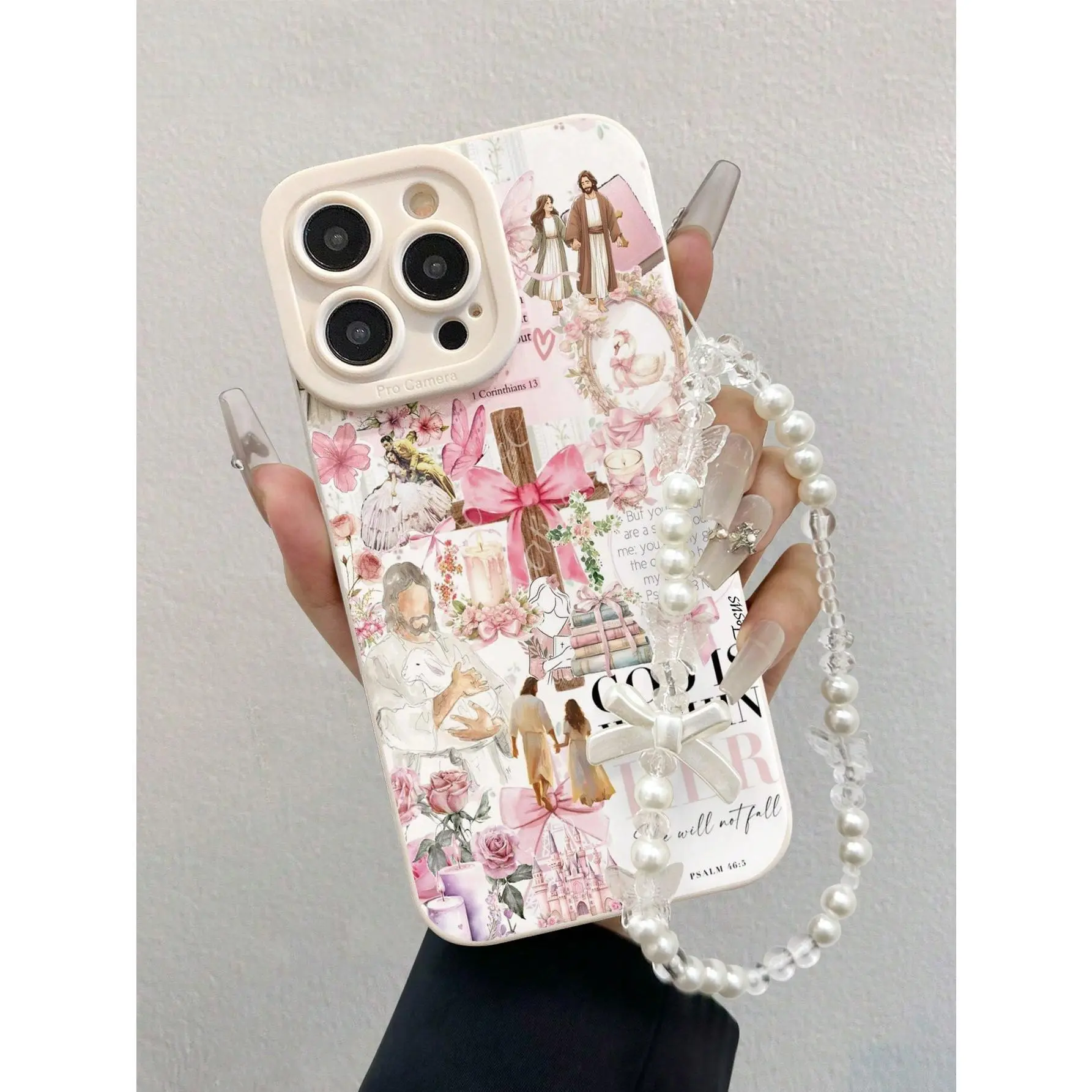 Cute Jesus Christian Bow Coquette Aesthetic TPU Phone Case for iPhone Series (17,16,15,14,13 Pro Max) - Multicolor Soft Girl Shockproof Protective Cover with Pearl Bracelet Bead Strap, Fits iOS Device Fashion Accessory Everyday Gift, Accessories, Pearl St