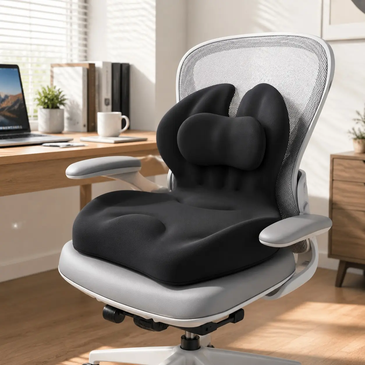 Ergonomic Memory Foam Seat Cushion, Dual Support Design, Adjustable Height Lumbar Backrest Pad, Breathable Comfort for Office Chair, Car, Truck, Home Use
