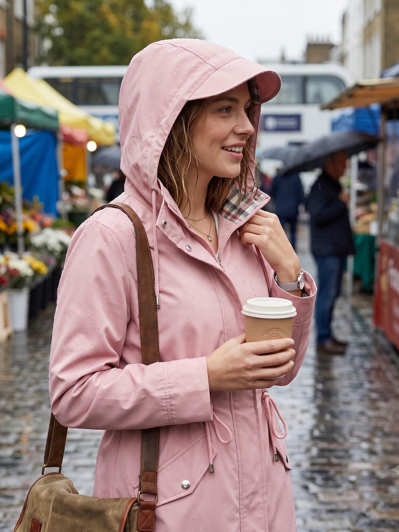 Women's Solid Color Drawstring Zip Up Hooded Trench Coat Raincoat, Casual Long Sleeve Waterproof Windproof Breathable Outerwear for Spring & Fall, Ladies Clothes for Daily Wear