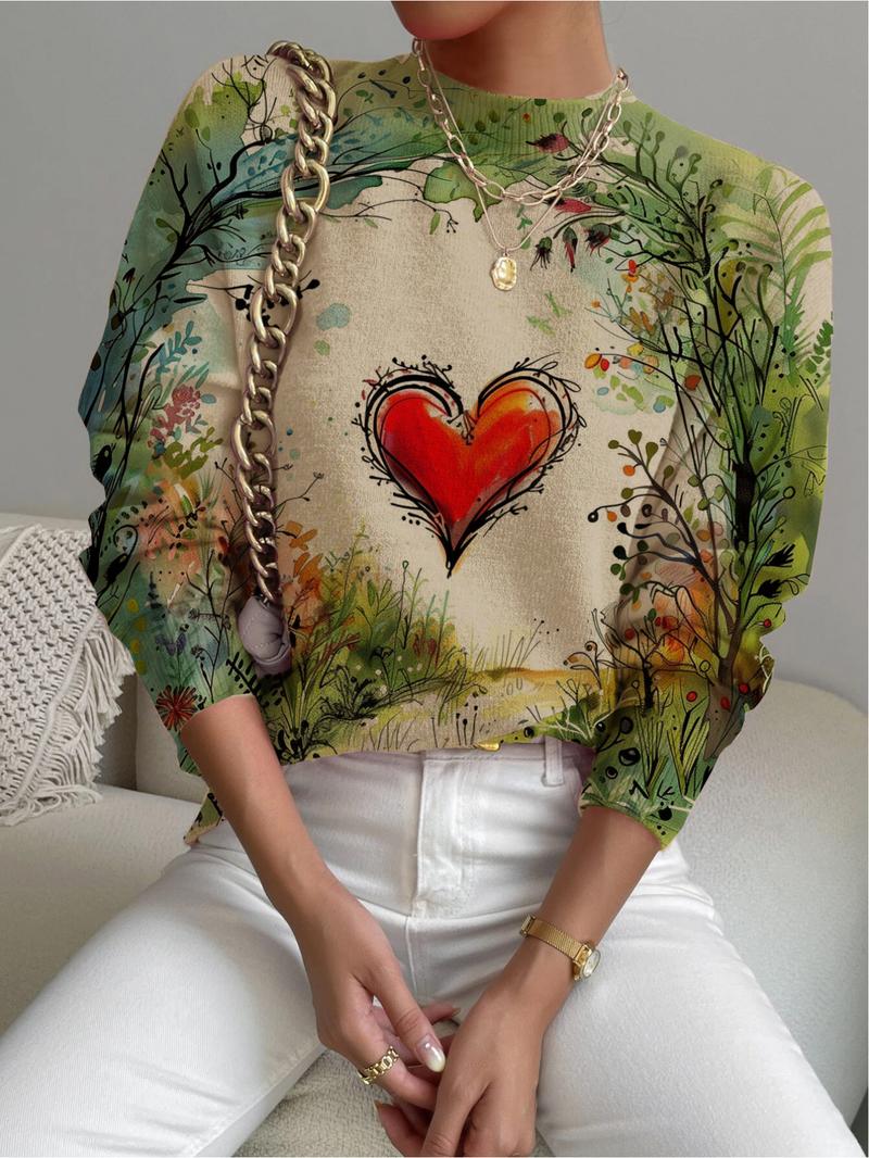 Women's Heart Print Stand Collar Sweater, Fall Winter Casual Long Sleeve Knitwear, Comfortable Warm Daily Wear, Elegant Design