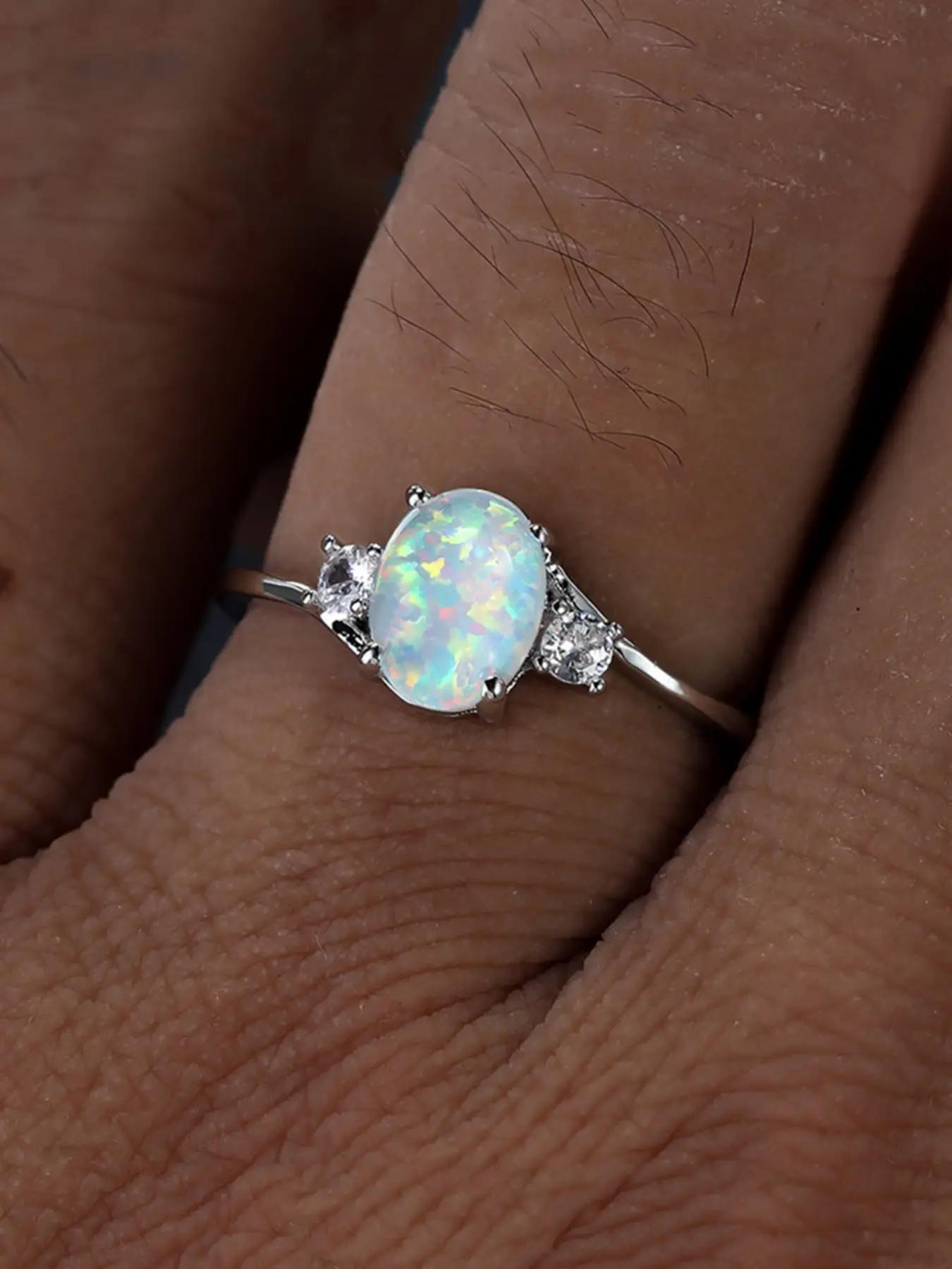 Elegant Synthetic Opal Beautiful Rings for Women Delicate Jewelry Perfect for Engagement Weddings Party, Daily Wear Anniversary Gift （with box）