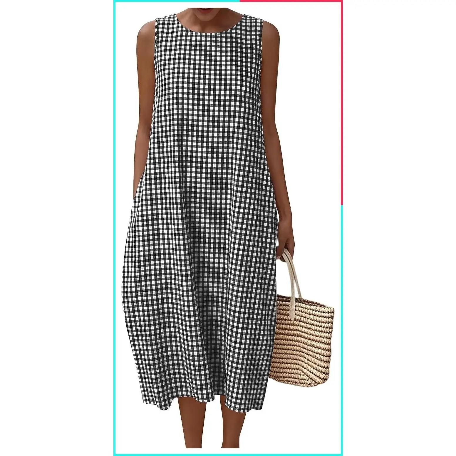 Women's Summer Cotton Sleeveless Gingham Striped Midi Dress with Pockets, Cocoon Silhouette, Crewneck Tank Style