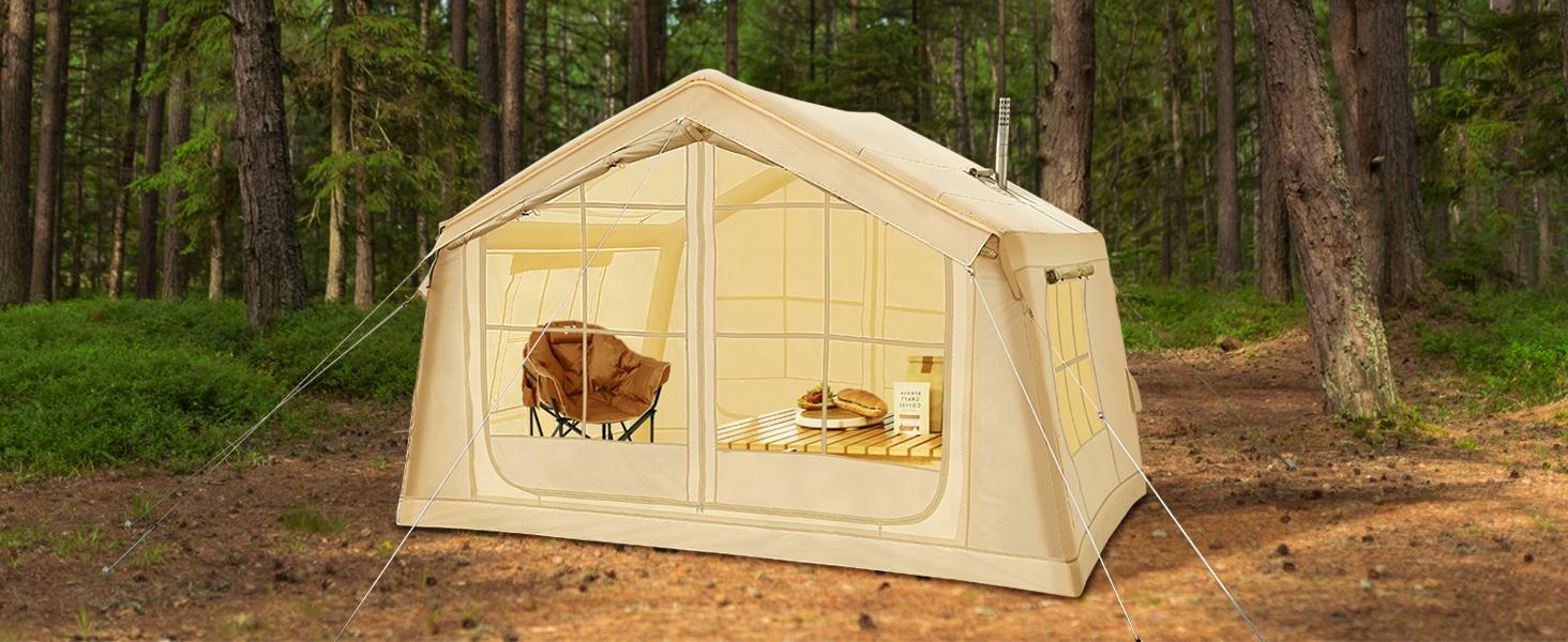 Lilypelle 2/6/8 Person Inflatable Camping Tent, Easy Setup Blow Up Air Tent with Hand Pump, Waterproof 4-Season Glamping Tent with Large Mesh Windows for Couples, Group & Family