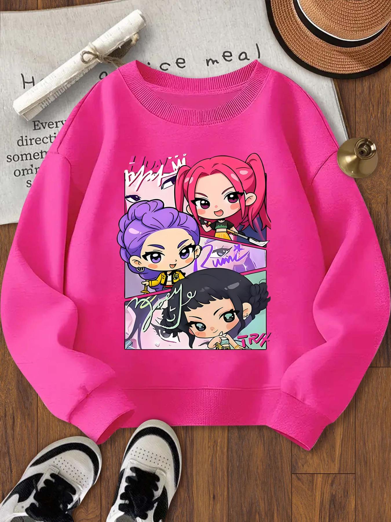 Cartoon Girl Printed Loose Sports Hoodie for Girls, Elastic Fabric, Graphic Print Sweater, Casual Spring & Fall Sweatshirt, Perfect for Outdoor & Indoor Activities