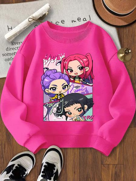 Cartoon Girl Printed Loose Sports Hoodie for Girls, Elastic Fabric, Graphic Print Sweater, Casual Spring & Fall Sweatshirt, Perfect for Outdoor & Indoor Activities
