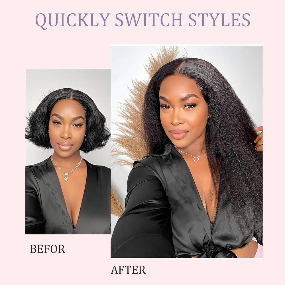 STERLY V Part Kinky Straight Human Hair Wig Yaki Straight Human Hair Wigs for Black Women Upgrade U part Wig No Leave Out 12A Glueless Kinky Straight V Shape Clip in Half Wig No Glue No Sew Beginner Friendly 180% Density Wig