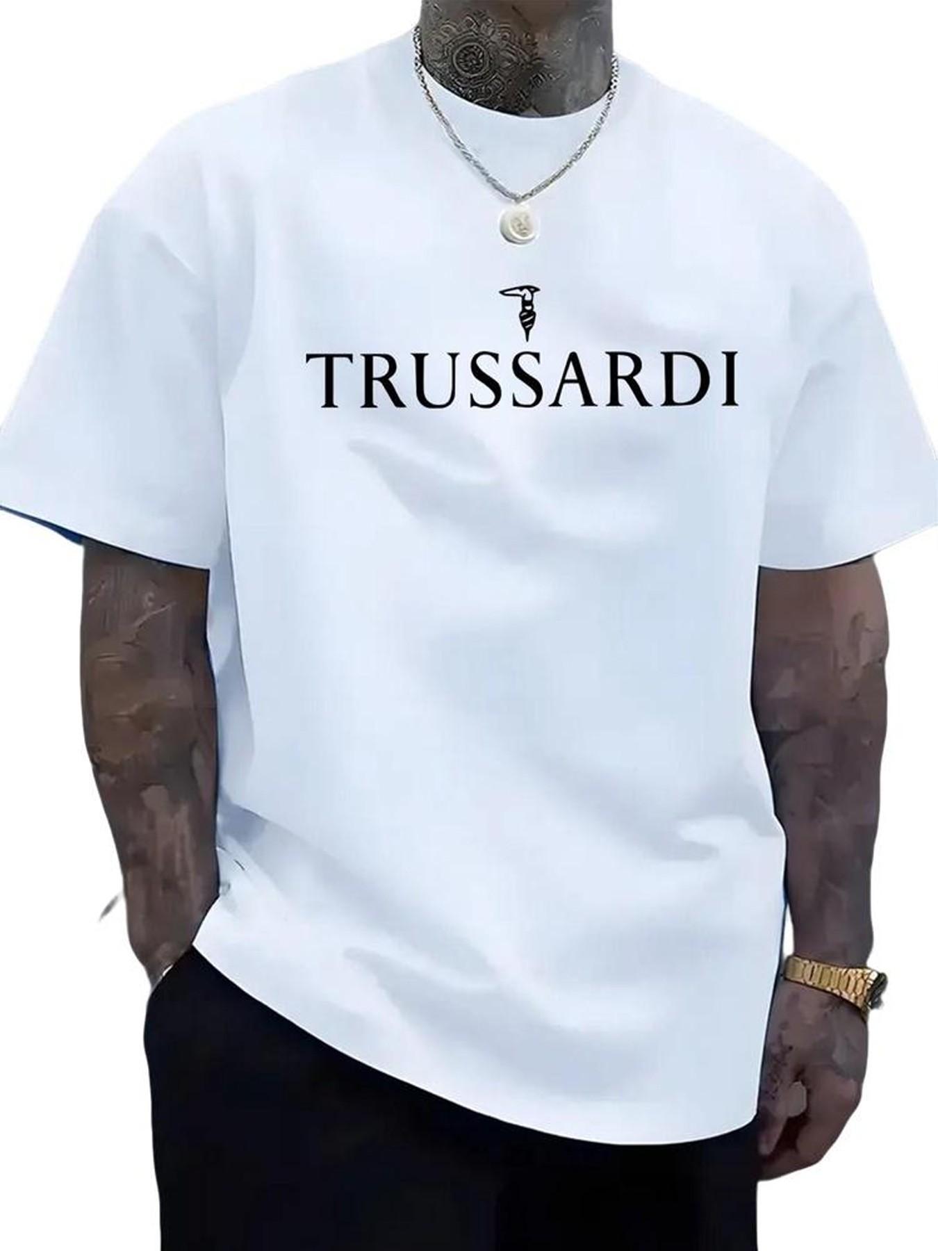 Trussardi Letter Logo Print Short Sleeve T-Shirt, Heavy Cotton Oversize Loose Fit, Unisex Summer Top, Casual Street Style