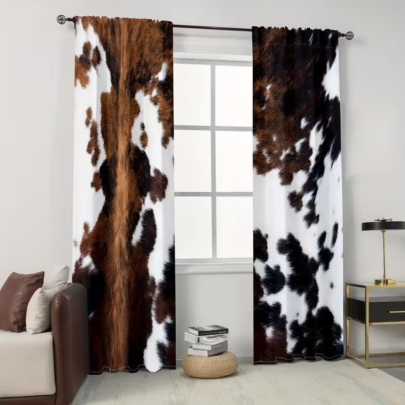 Country Farmhouse Curtains Set, Home Decoration Curtain, & Cowhide Print Design, Half-Transparent Privacy Protection for Bedroom/living Room Decor, Curtain Replacement