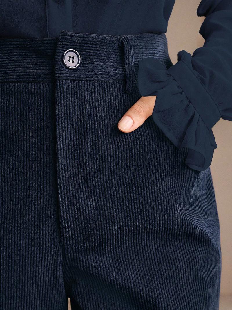 Women's Corduroy Rivet Pocket Flare Pants, Elegant Business Casual Style, Versatile Commuter Essential, Fashion Office Wear