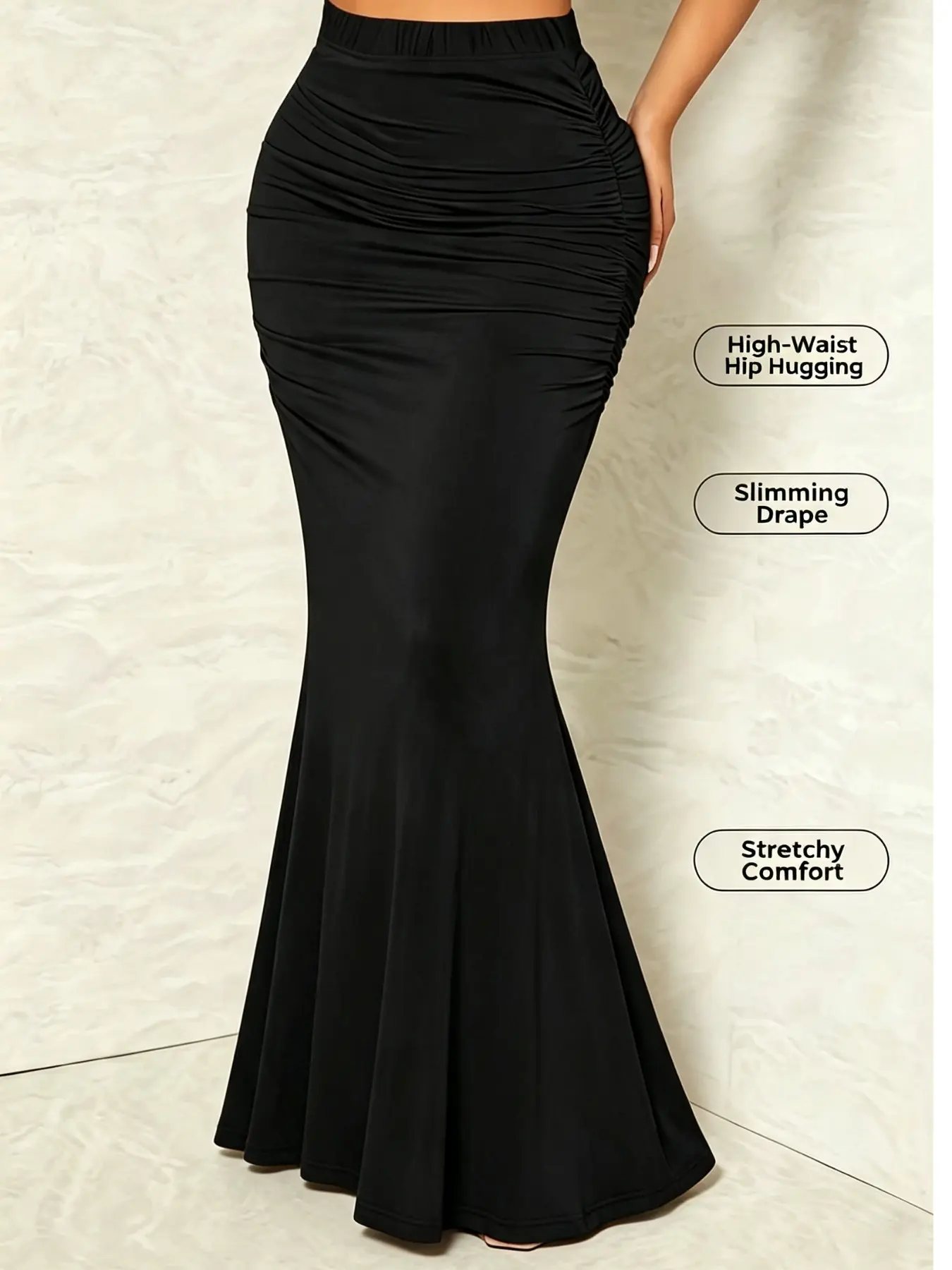 Pure Color Pleated Bodycon Midi Skirt, Soft Fabric, Elegant Style, Slim-Fitting, Plain Pattern, Suitable for Outing, Date, Party