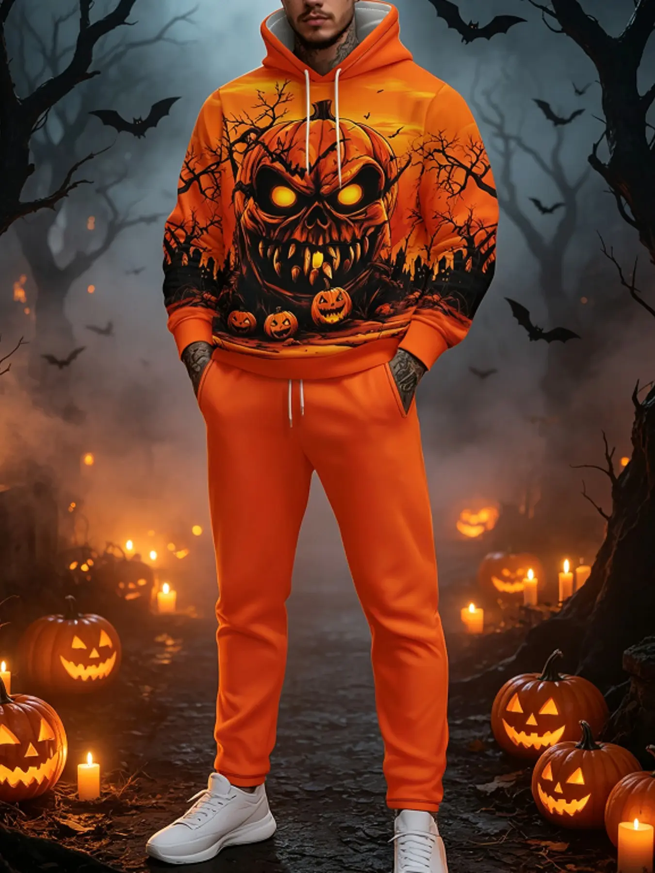 Men's Halloween Two-Piece Set, Horror Pumpkin Face Print, Loose Fit Hoodie and Pants, Festival Party Streetwear, Comfortable and Stylish
