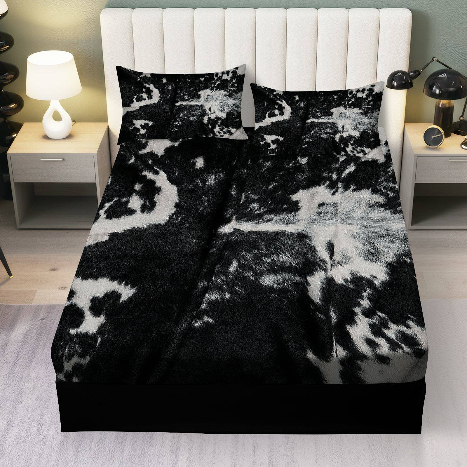 3Pcs Cow Print Black White Fitted Sheet Three Piece Set (1*Fitted Sheet+2*Pillowcases, Coreless), Western theme, Animal Print Bedding Set, Mattress Protector Soft, Breathable
