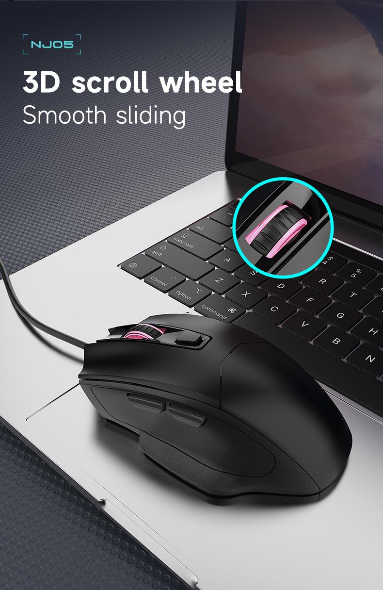 NJ05 wired office mouse with light sound buttons and finger drag design AJAZZ ergonomic office supplies mouse DPI3600 optical engine chip 125Hz 3D rubber roller lightweight 91g suitable for gaming and office use