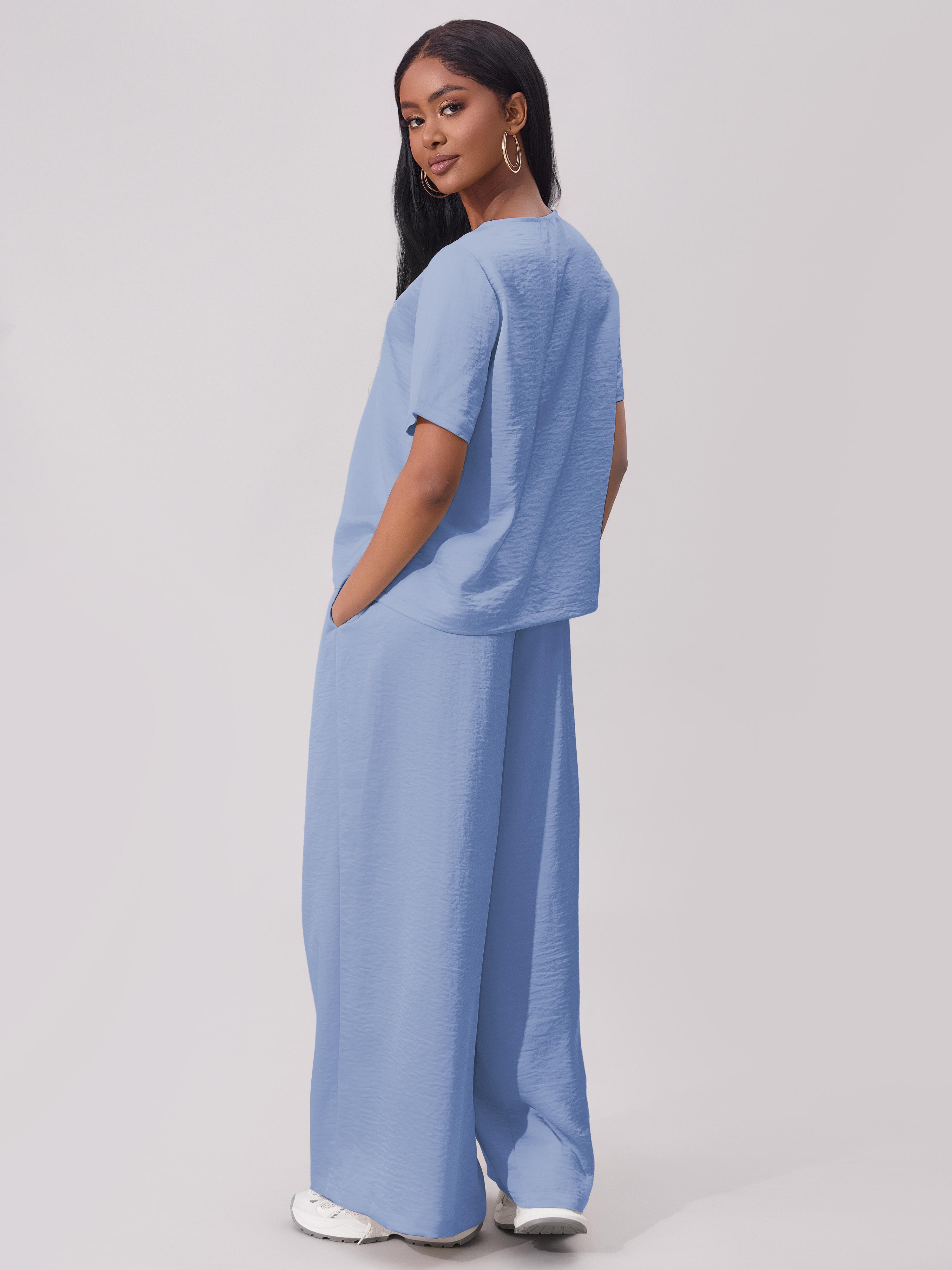 Joyfunear Women's round Neck 2 Piece Set Wide Leg Pants Set Short Sleeve satin Pullover Tops Wide Leg matching set