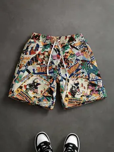 Men's Retro Print High Street Shorts, Loose Fit with Drawstring Waist, Full Pattern Design, Summer Breathable Essential
