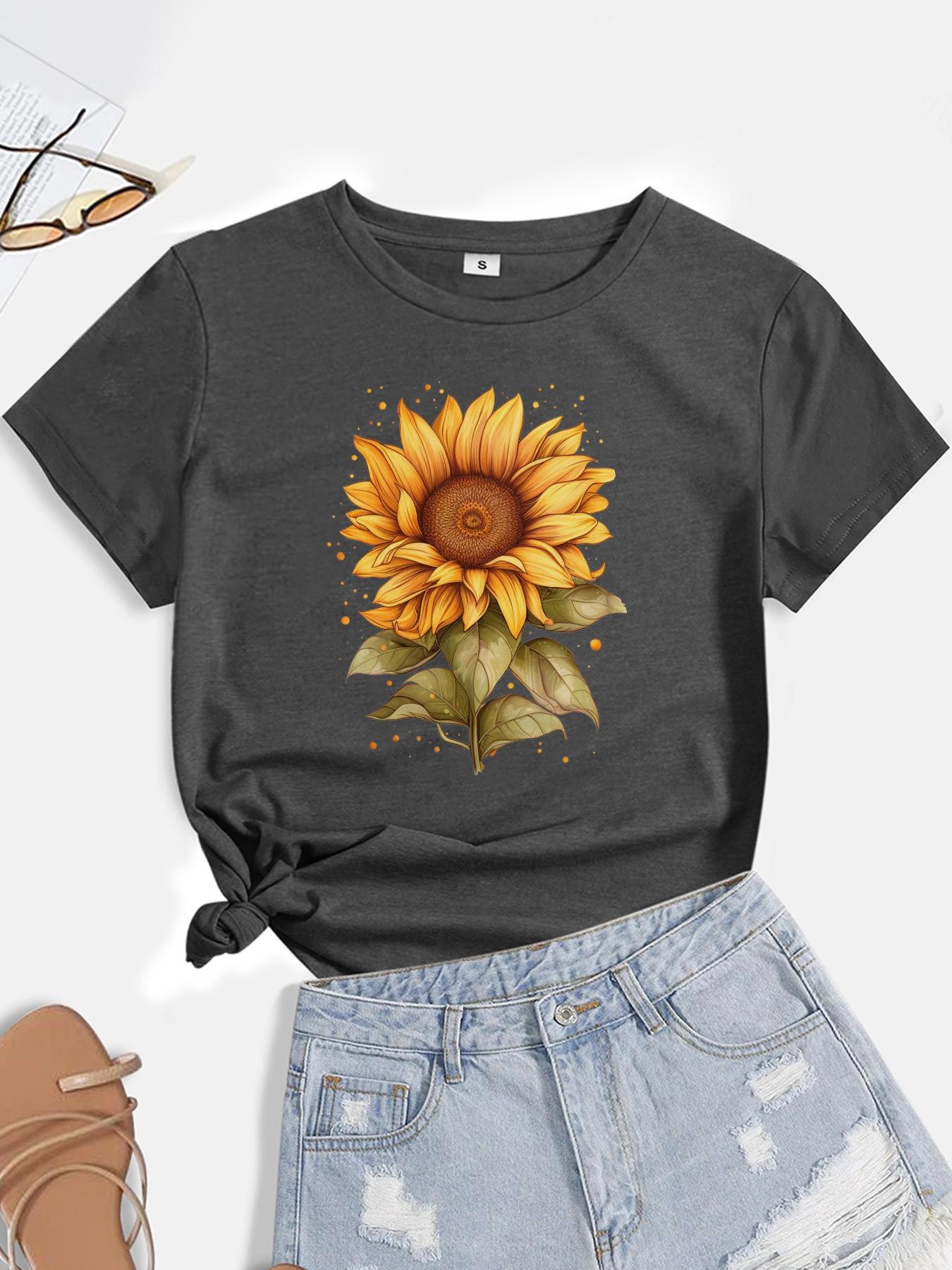 Women's Sunflower Print Round Neck Tee, Summer Clothes Women, Casual Short Sleeve Crew Neck T-shirt for Summer, Summer Outfits 2024, Graphic Tees, T Shirts for Women, Women's Top for Daily Wear