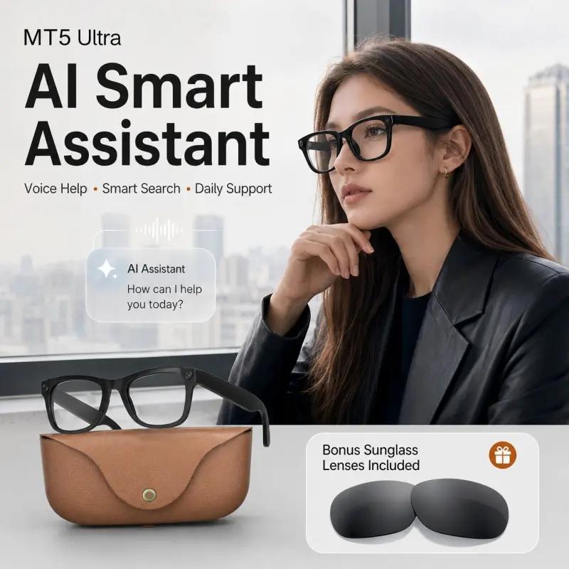 New Mt5 Ultra Ai Smart Glasses, 8mp HD Camera, Voice Recording, Real-Time Translation, Bluetooth-compatible Call, 300mah Battery, 2000mah Charger, Unisex
