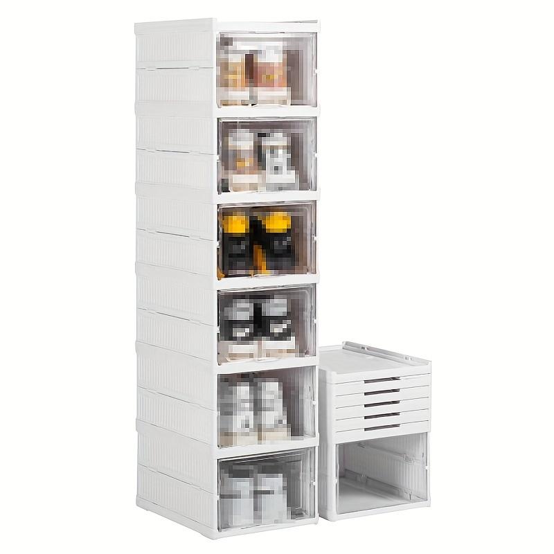 Sturdy Clear Plastic Shoe Storage Box, 6-Tier Foldable Shoe Rack with Clear Door, Stackable Shoe Container for Closet & Hallway