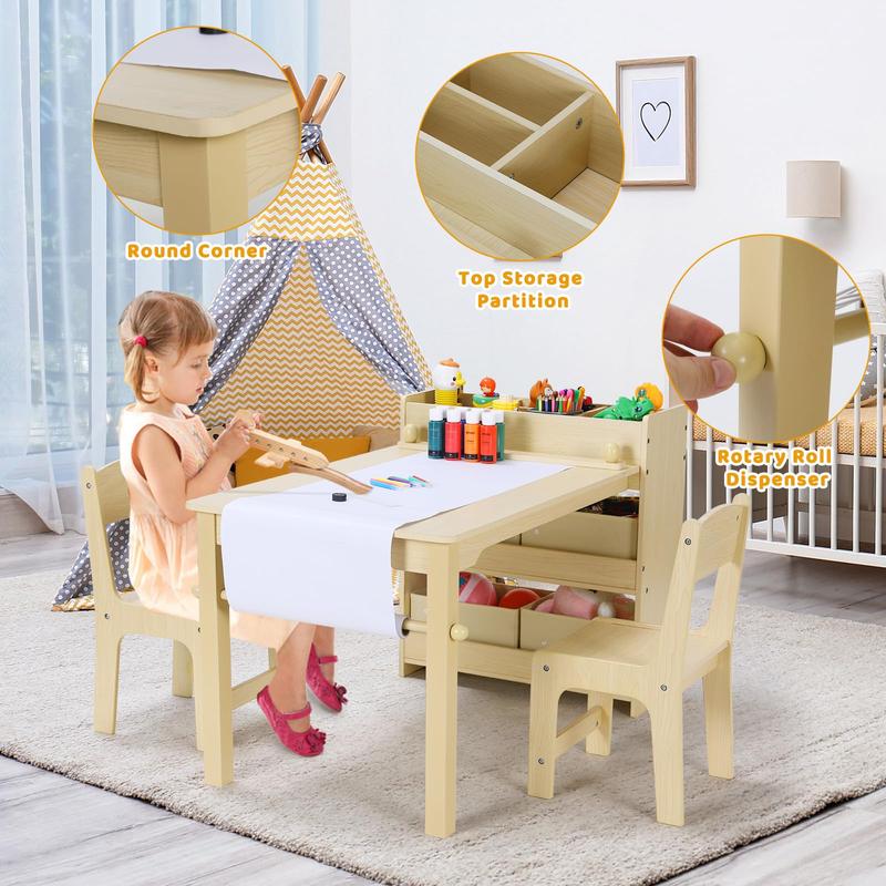 Wooden Kids Table and 2 Chairs, Toddler Activity and Study Table Furniture,Set with 4 Storage Shelves and Paper Roll,Toddler Craft Drawing Desk,for Daycare, Game Room,Living Room