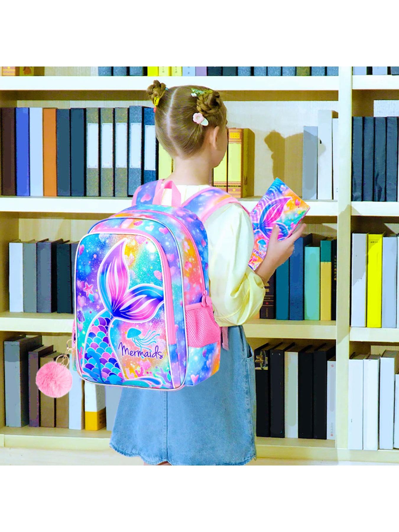 3Pcs Mermaid Backpack for Girls, 16" Kids Fishtail Bookbag with Lunch Box, Cute Schoolbag for Preschool Kindergarten Toddler(Rainbow)