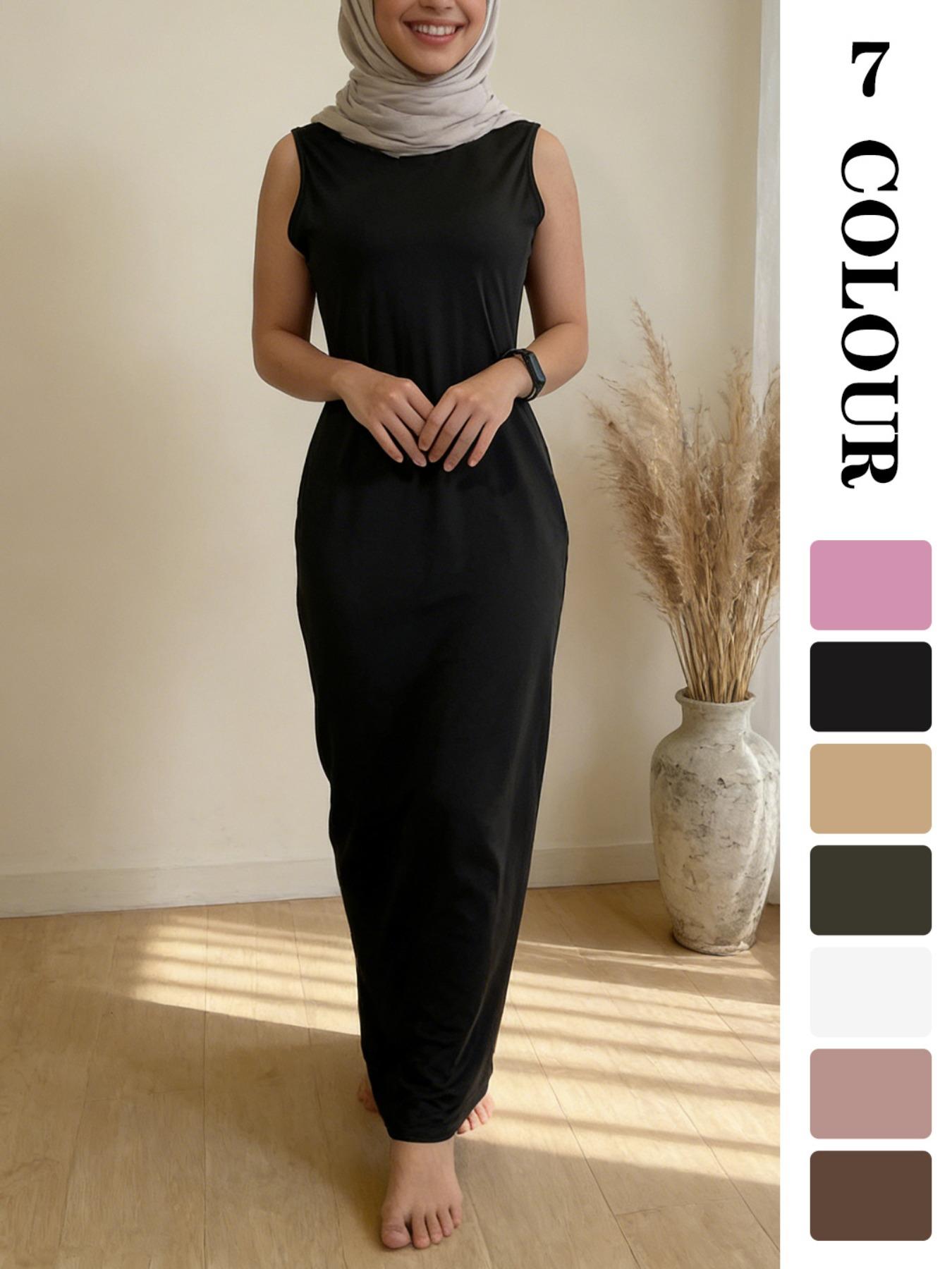 Muslim Sleepwear XS-XL 1pcs inner Women's Long Plain Sleeveless Underdress, Dubai Luxury Islamic Kaftan Pajama, All-Season Sexy Sleepwear